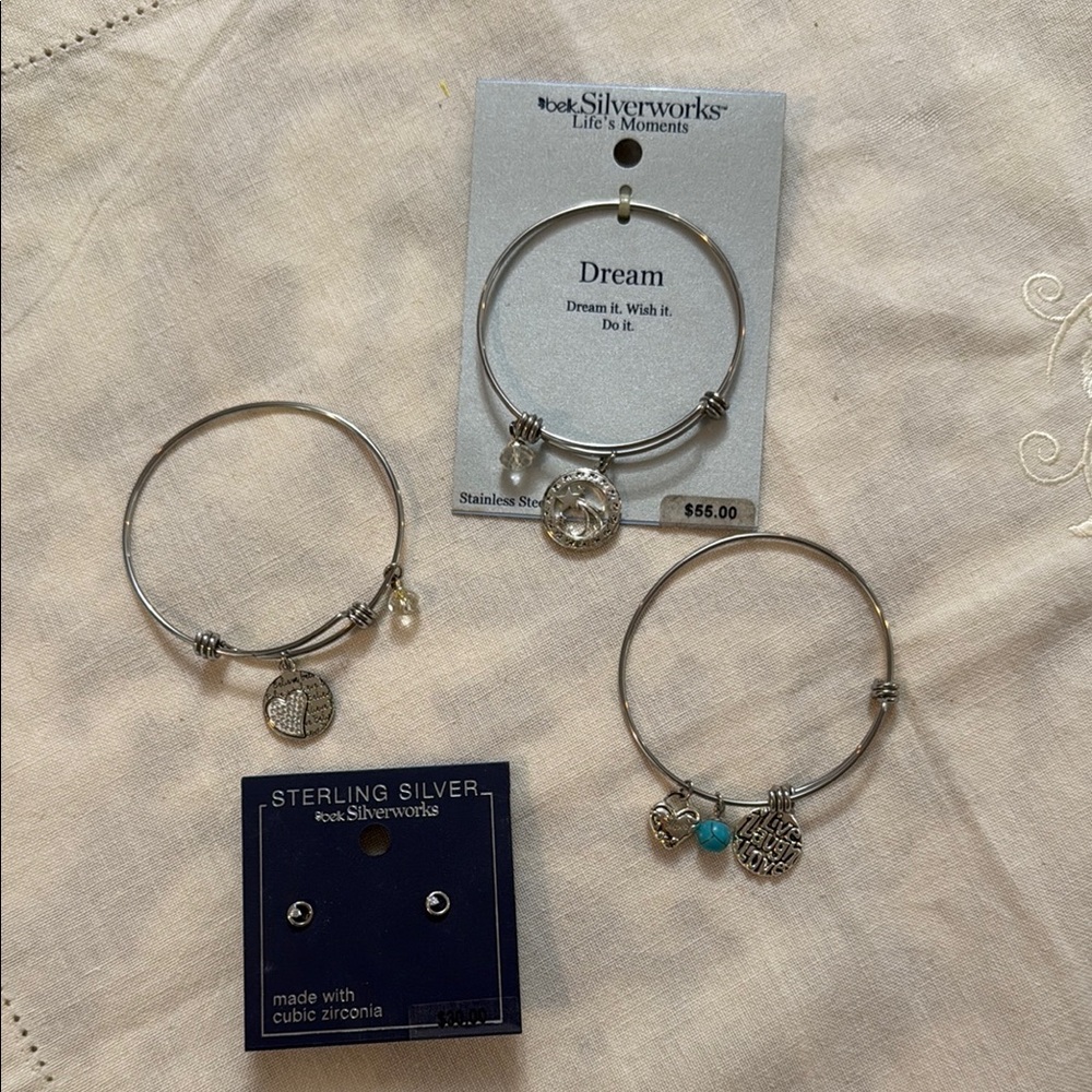 Belk Silverworks Lifes Moments Bangle Inspirational Charm 3 Bracelets 1 Earrings